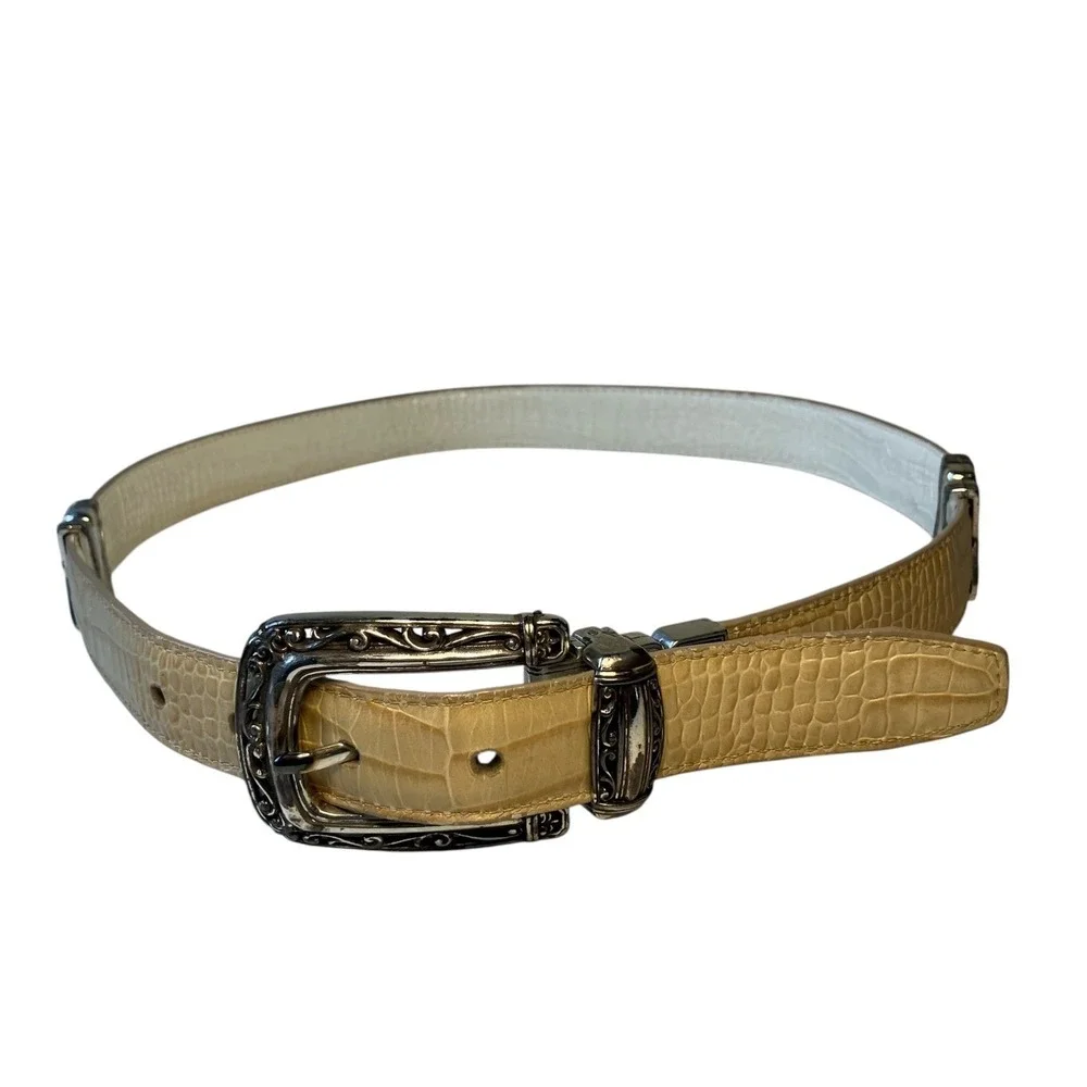 Brighton Reversible Croc‎ Embossed Leather Belt Tan White Silver Buckle M 30